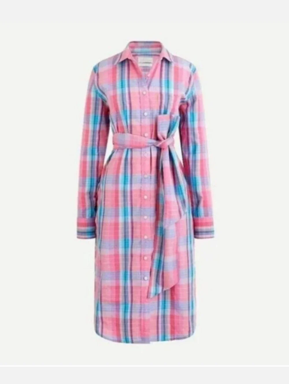 J. Crew Shirt Dress Women’s Size 4 Pink Plaid Tie Waist Button Midi Shirt Dress